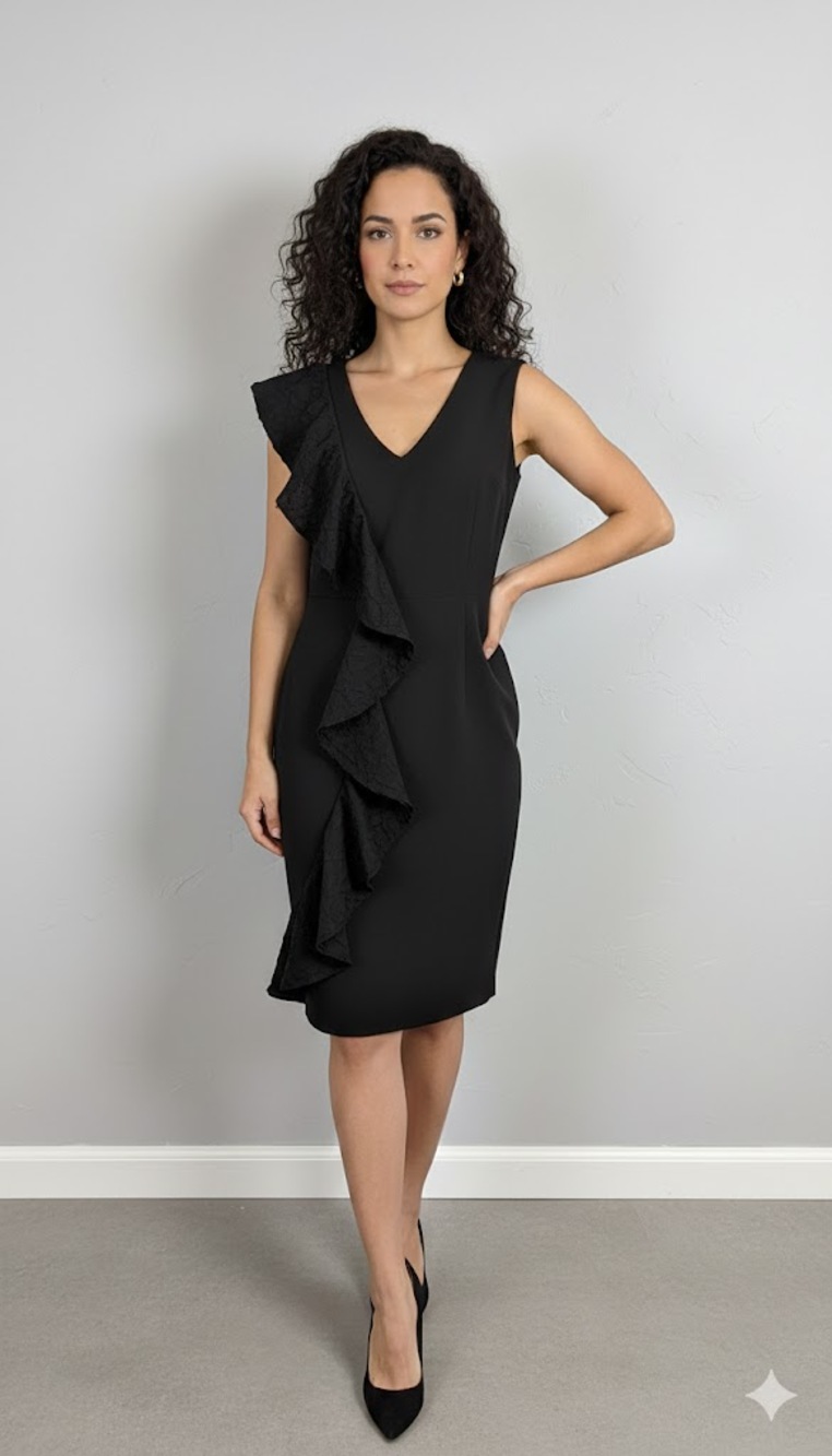 Calvin Klein Dress Sz 8 Black Ruffle V-Neck Sleeveless Sheath Gold Back Zip EUC